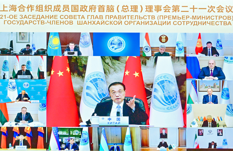 11月1日下午，国务院总理李克强在北京人民大会堂主持上海合作组织成员国政府首脑（总理）理事会第二十一次会议。会议以视频方式举行。新华社记者岳月伟摄