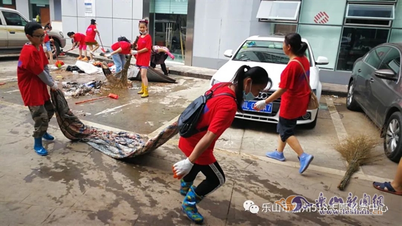 嘉州五一八志愿服务中心积极招募、组织志愿者们投身到受灾区域的环境清理