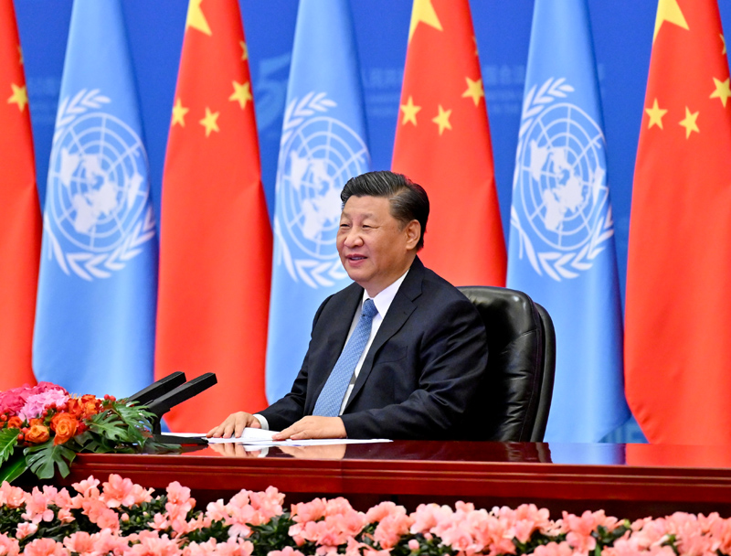 10月25日，国家主席习近平在北京出席中华人民共和国恢复联合国合法席位50周年纪念会议并发表重要讲话。新华社记者李学仁摄